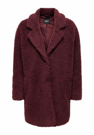 Bordeaux faux fur jas met een gestructureerd oppervlak, nietched kraag en een open voorkant ontwerp. Beschikt over lange mouwen en een relaxte pasvorm.