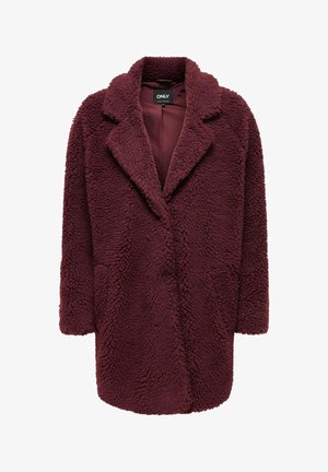 Bordeaux faux fur jas met een gestructureerd oppervlak, nietched kraag en een open voorkant ontwerp. Beschikt over lange mouwen en een relaxte pasvorm.