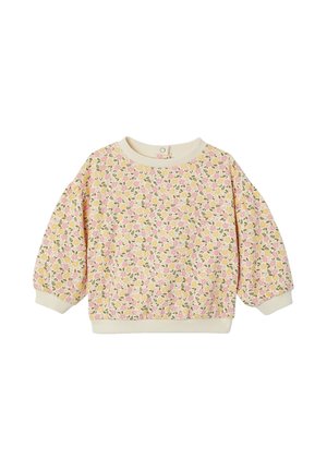 Langärmliges Sweatshirt für Kleinkinder mit Rippbündchen an Ärmeln und Kragen, verziert mit einem kleinen Blumenmuster in Rosa, Gelb und Grün auf cremefarbenem Hintergrund.
