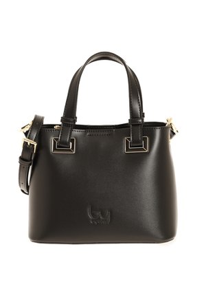 Borsa a mano in pelle nera con due manici superiori, una tracolla regolabile con fibbie dorate e un piccolo logo in rilievo sulla parte anteriore.