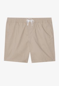 Pantaloni corti beige realizzati in tessuto leggero, dotati di una vita elastica con cordoncino bianco, due tasche laterali e un design semplice.