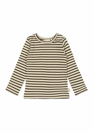 Chemise à manches longues en tissu côtelé, présentant des rayures horizontales crème et brun foncé alternées, avec un col rond et une étiquette sur le côté.