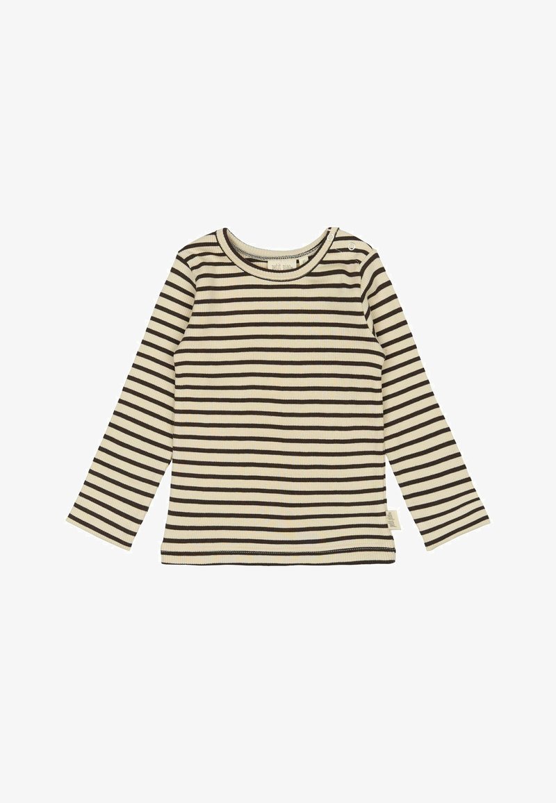 Hosszú ujjú ing bordázott anyagból, váltakozó krémszínű és sötétbarna vízszintes csíkokkal, lekerekített nyakkivágással és oldalsó címkével.