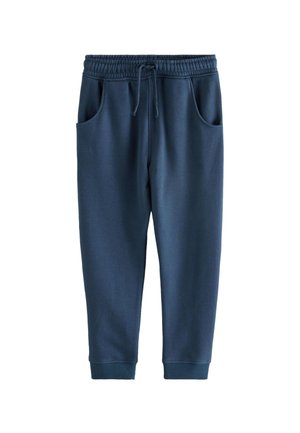 Pantaloni de trening bleumarin din material moale, cu talie elastică cu șnur, buzunare laterale și manșete ribbed.