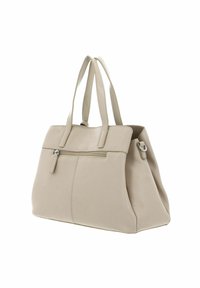 Beige Leder-Tote mit zwei stabilen Griffen, einem Reißverschluss oben und einer vorderen Reißverschlusstasche. Glatte Textur und strukturierte Form.