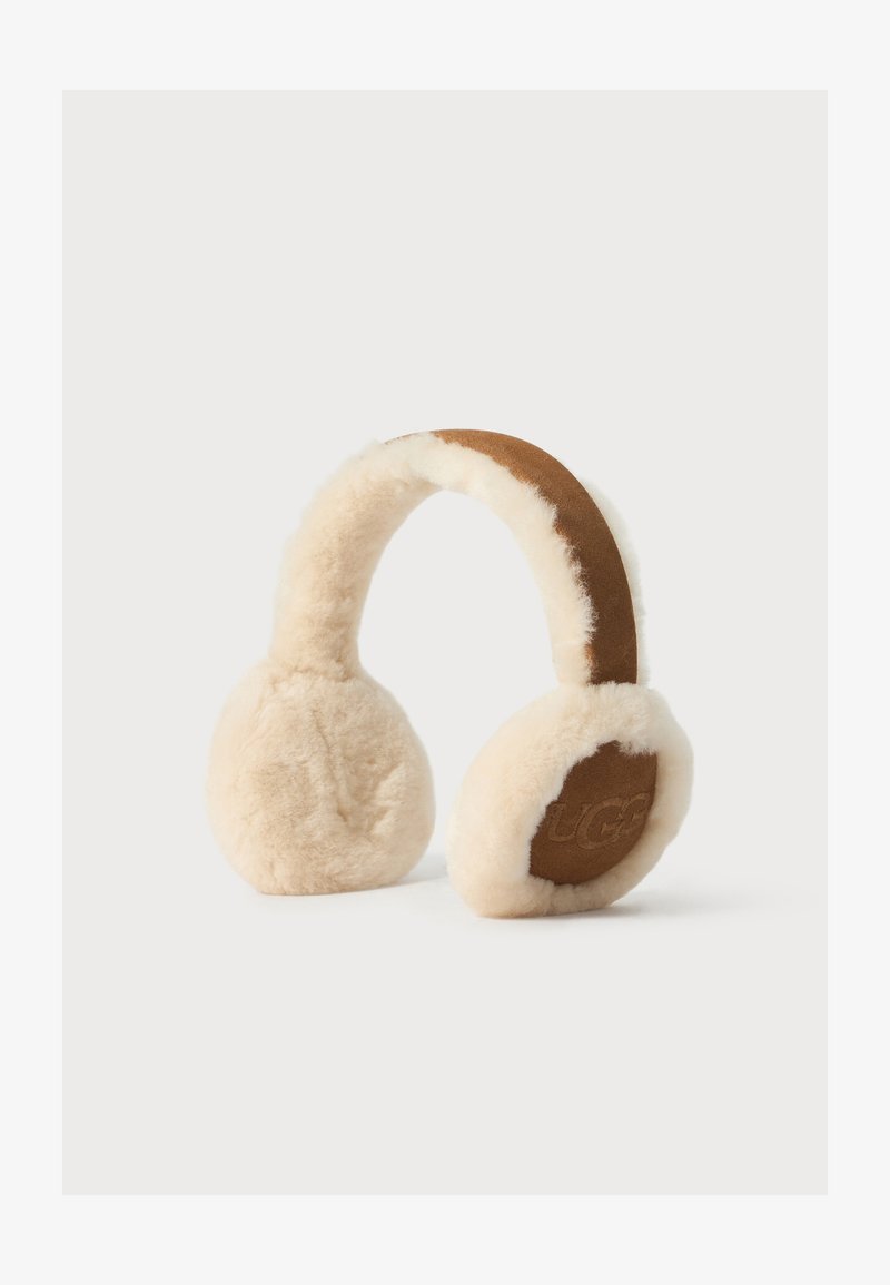 Auriculares de ante marrón con forro de piel de oveja crema y suave que cubre las almohadillas para los oídos y la diadema para mantener el calor en invierno.