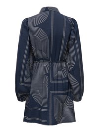 Marineblaues Kleid mit weißen geometrischen Linienmustern, langen Puffärmeln, geraffter Taille und Kragen, von hinten gezeigt.