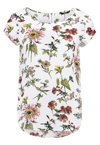 T-shirt à manches courtes à motifs floraux avec un col rond, fond blanc présentant des motifs de fleurs roses et vertes, tissu lisse et ourlet arrondi.