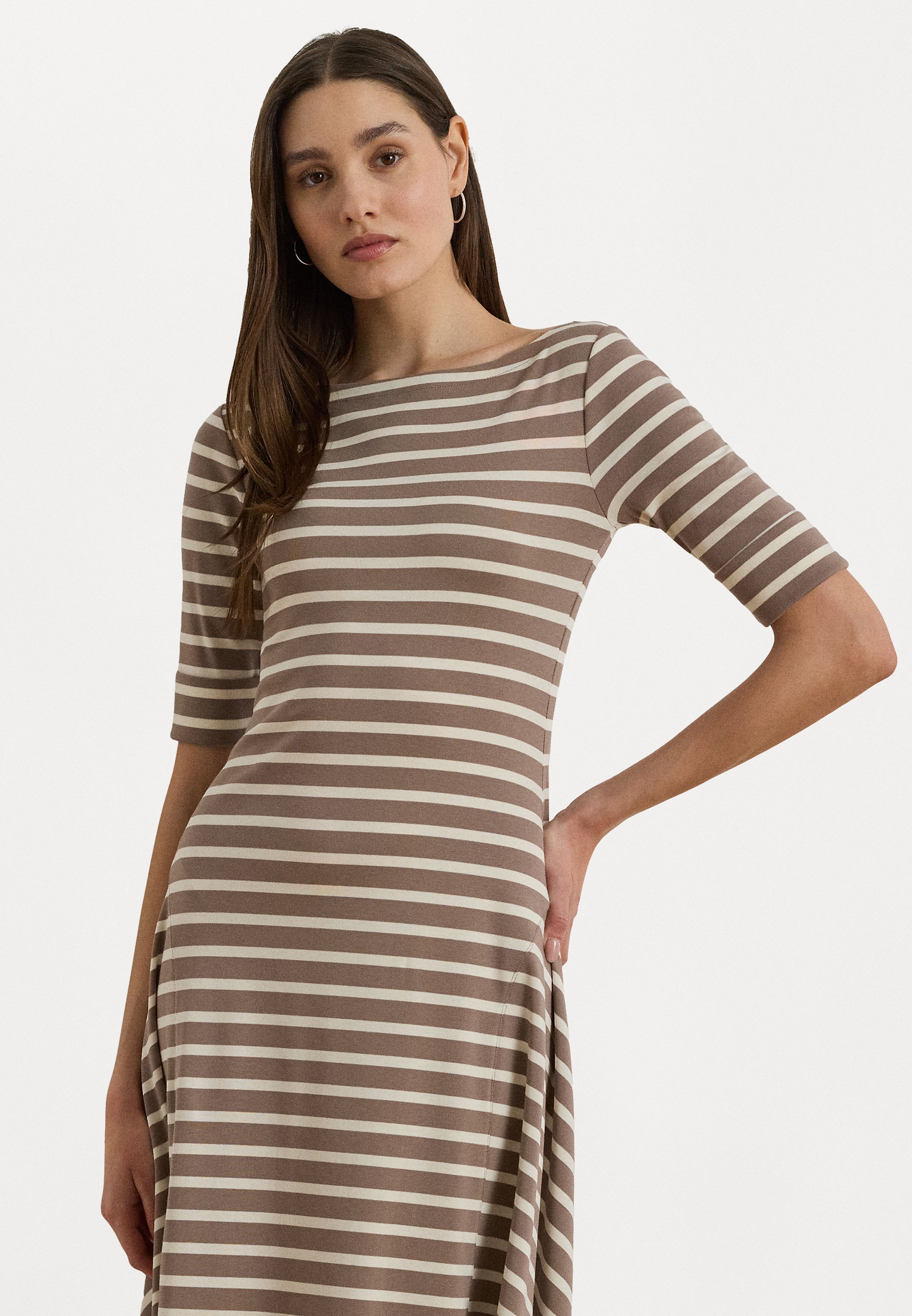 Lauren Ralph Lauren STRIPED STRETCH COTTON MIDI DRESS - Blusenkleid - taupe  brown/mascarone cream/taupe