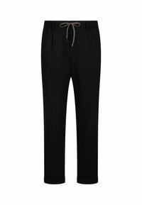 Schwarze Hose mit geradem Bein, ausgestattet mit einem Kordelzugbund, umgeschlagenem Saum und glatter Stofftextur.