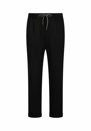 Schwarze Hose mit geradem Bein, ausgestattet mit einem Kordelzugbund, umgeschlagenem Saum und glatter Stofftextur.