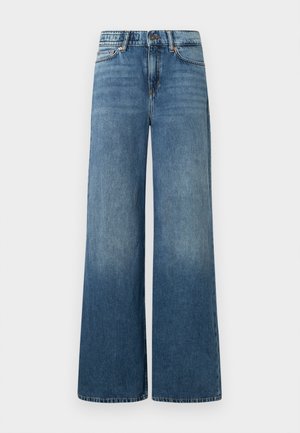 Jeans med vide ben i mediumblåt denim, med høj talje, subtil falming og traditionelt design med fem lommer. Standard metal knap og lynlås.