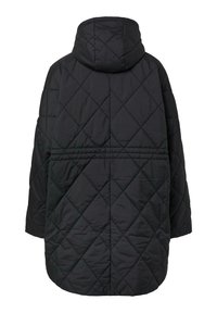 Schwarze gesteppte Jacke mit Kapuze, locker geschnitten, im Rautenmuster und mittellanger Gestaltung. Sanfte Textur und keine sichtbaren Verzierungen.