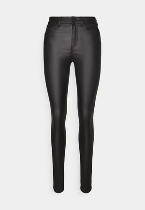 Sorte, slim-fit falske læderbukser med høj talje, forreste knap, lynlås og fem-lomme design.