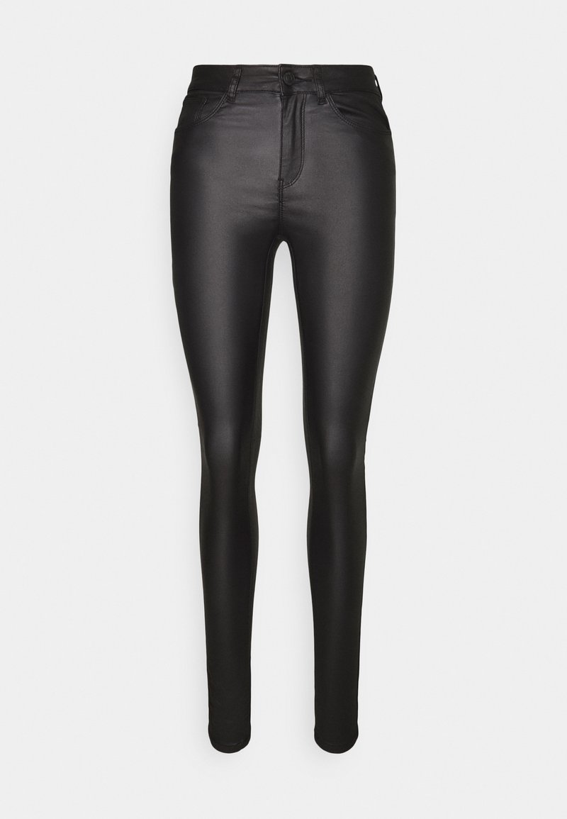 Schwarze, hoch taillierte, schlank geschnittene Kunstlederhose mit vorderem Knopf, Reißverschluss und fünf Taschen.