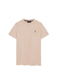 Lichtbeige katoenen t-shirt met een ronde hals, korte mouwen en een klein bruin golflogo op de linker borst.