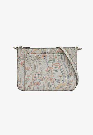 Torebka na ramię z beżowym tłem, ozdobiona pomarańczowymi, zielonymi i czarnymi wzorami kwiatowymi i liniowymi, z przednią kieszenią i zamkiem błyskawicznym.