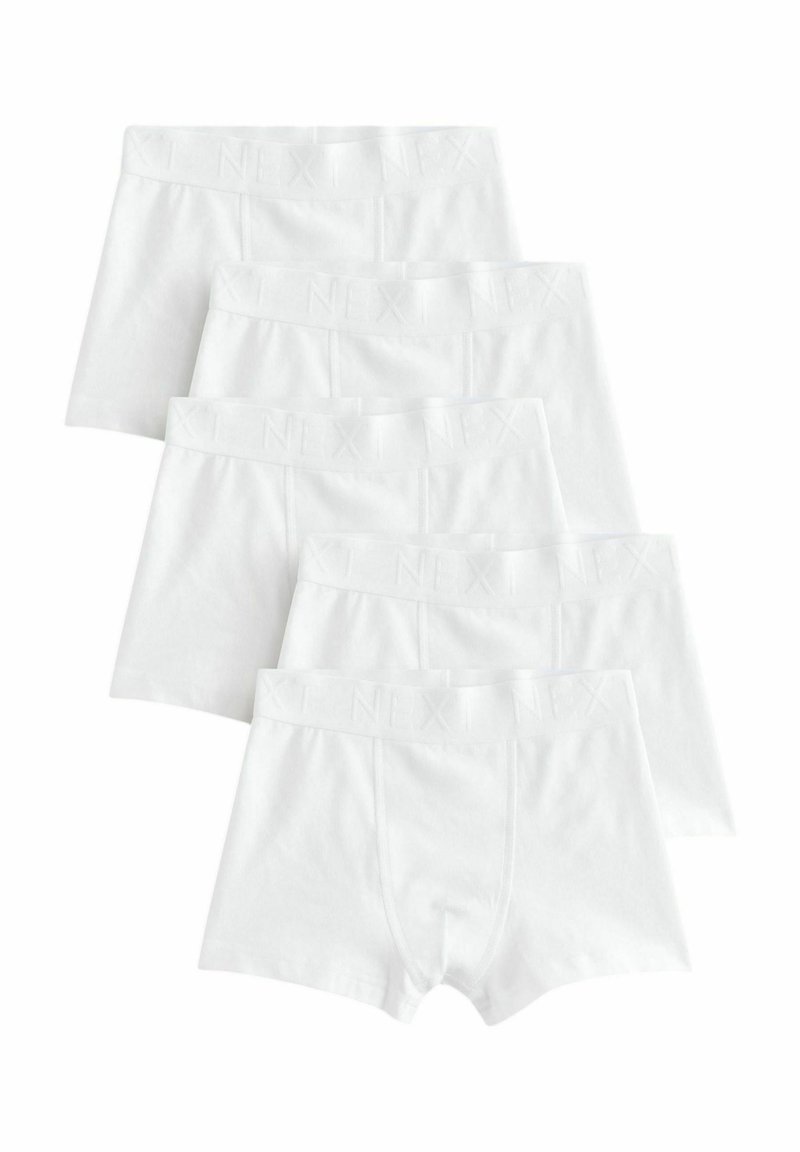 Vita bomullsboxershorts med elastisk midjeband som har det präglade varumärket "NEXT". Fem par staplade tillsammans, slät textur, standarddesign.