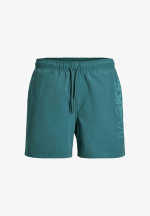 Türkisfarbene Badeshorts mit elastischem Bund und Kordelzug, mit einem dezenten vertikalen Muster am rechten Oberschenkel.