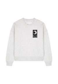 Sweat-shirt en coton gris avec un imprimé graphique noir représentant une lune croissante et le texte "THE MOON" sur la partie gauche de la poitrine. Bords côtes aux poignets et à l'ourlet.