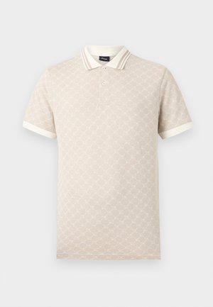 Πόλο μπλουζάκι σε μπεζ χρώμα με διακριτικό γεωμετρικό σχέδιο, λευκό γιακά και μανσέτες στα μανίκια, κοντά μανίκια, πέταλο με δύο κουμπιά, λογότυπο JOOP! στην ετικέτα του λαιμού.