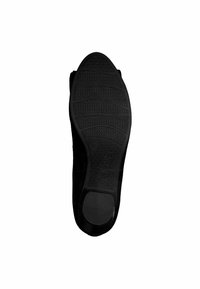 Semelle de chaussure noire avec un motif de grip texturé. Présente un design plat et un bout lisse et arrondi. La zone du talon comporte une section en caoutchouc renforcée.
