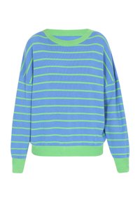 Gestreifter Pullover mit lockerer Passform, der blaue und grüne horizontale Streifen aufweist, sowie einen gerippten Ausschnitt und Bünchen. Weicher Strickstoff.