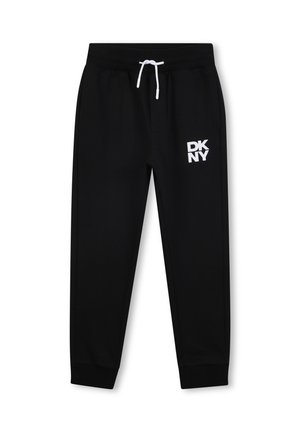 Zwarte sweatpants van zachte stof, met een wit DKNY-logo op de linkerdij, een elastische tailleband en boorden bij de enkels.