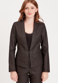 Black blazer with a textured, geometric pattern. Features a slim fit, notched lapels, and single-button closure. Long sleeves, two pockets.