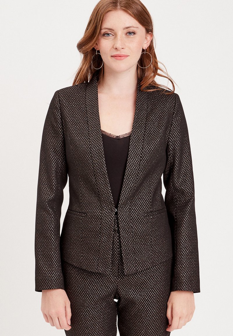 Black blazer with a textured, geometric pattern. Features a slim fit, notched lapels, and single-button closure. Long sleeves, two pockets.
