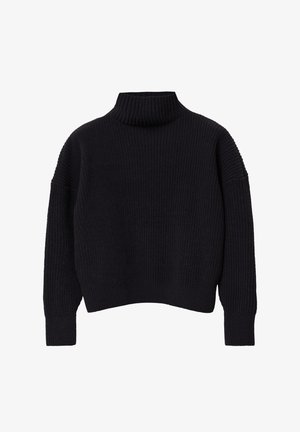 Zwarte gebreide coltrui met een geribbelde textuur, verlaagde schouders en lange mouwen. Verkorte lengte met een relaxte pasvorm.