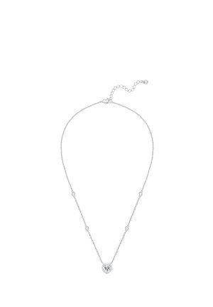Delicate silver chain necklace with a heart-shaped crystal pendant and small round crystals spaced along the chain, lobster clasp with adjustable links.