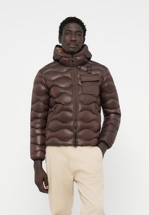 Brown puffer jacket with a hood, feature wavy stitching, zip front, chest pocket, and elastic cuffs. Smooth texture, lightweight design.