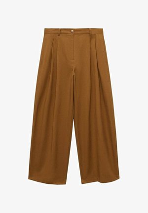 Brown wide-leg trousers with pleats, made of smooth fabric, featuring a button closure at the waistband and a relaxed fit throughout.