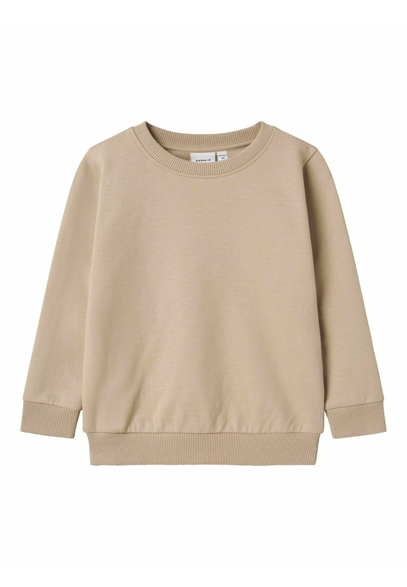 Felpa beige realizzata in tessuto morbido, con un collo rotondo e polsini e orlo a costina. Design semplice e privo di decorazioni.