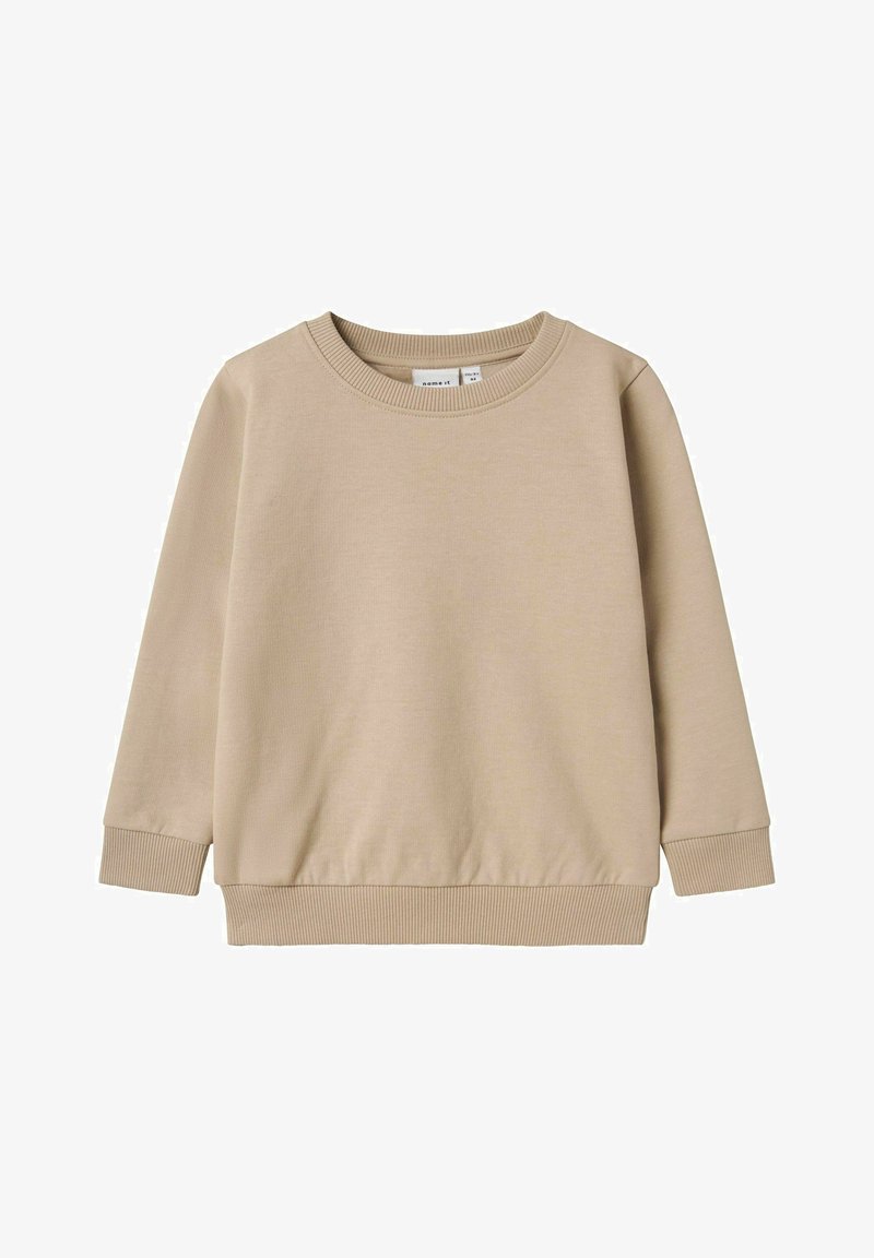 Beige Pullover-Sweatshirt aus weichem Stoff, mit rundem Ausschnitt und gerippten Bündchen und Saum. Einfaches, schmuckloses Design.