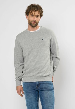Grijze sweatshirt gemaakt van zachte stof, met een ronde hals, geribbelde boorden en onderkant, en een klein marineblauw logo op de borst. Draagt met blauwe jeans.