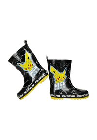 Bottes de pluie noires pour enfants avec Pikachu et texte « High Voltage », semelles jaunes et motifs d'éclairs blancs sur les côtés.
