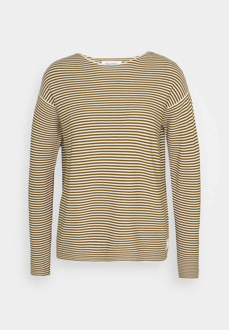 Chemise à manches longues rayée horizontalement marron et blanche avec col rond, présentée sur un fond uni.
