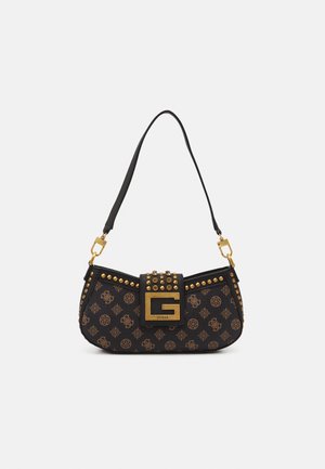 Sac bandoulière noir avec motif monogramme marron, clous dorés et grande boucle "G" en or sur le rabat avant avec bandoulière réglable.