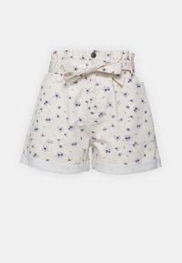 Shorts à motif floral en tissu crème, avec une taille ceinturée, des revers et des poches latérales. Le design est accentué par des fleurs bleues et jaunes.