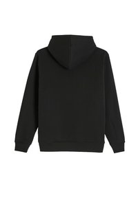Czarna bluza z kapturem, wykonana z teksturowanej tkaniny, z prążkowanymi mankietami i dołem, o prostym designie. Brak widocznych logo lub wzorów na plecach.