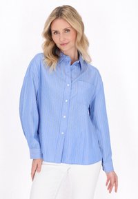 Camicia azzurra chiara con bottoni, caratterizzata da righe verticali bianche, colletto e maniche lunghe con polsini a bottone. Il tessuto appare liscio e leggero.