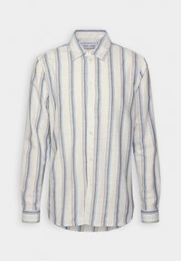 Camisa de manga larga en tejido ligero, con rayas verticales en azul y gris sobre un fondo claro. Cuello clásico y cierre de botones.