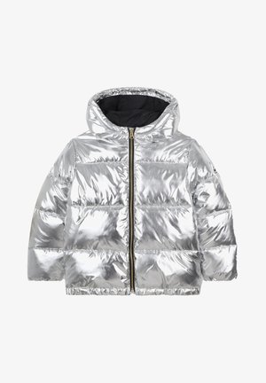 Doudoune argentée avec capuche, présentant une texture brillante, une fermeture éclair à l'avant et un design à panneaux cousus. Doublure intérieure noire.