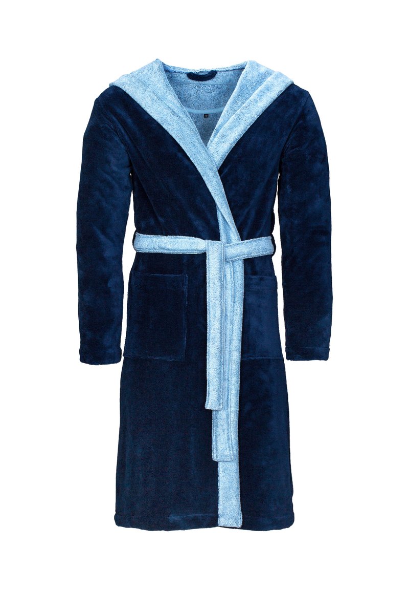 Navy blue plush bathrobe with light blue hood, tie belt, and two front pockets. Soft texture and knee-length design.