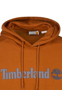 Felpa color ruggine con cappuccio regolabile, tasca a marsupio e grande logo grigio "Timberland" con emblema di albero. Tessuto in cotone.