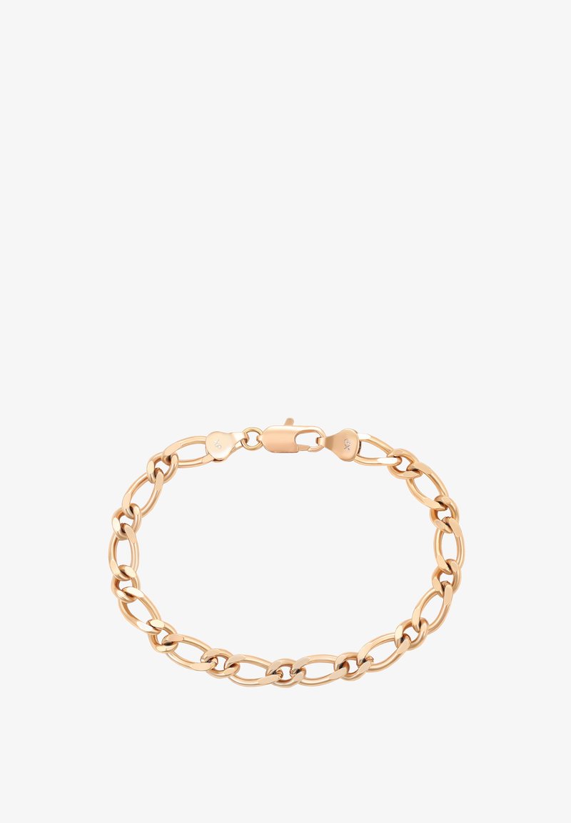 Náramek zlaté barvy z kovového řetízku s propletenými články, vybavený karabinkou a srdcovými akcenty. Hladký, lesklý povrch.