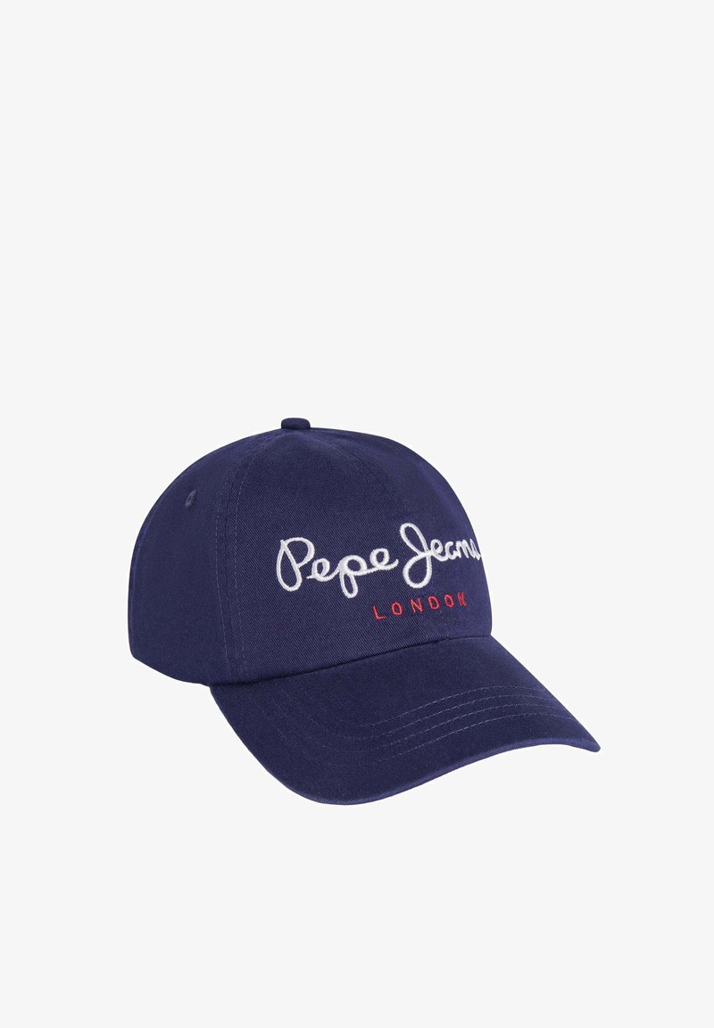 Tamna plava bejzbol kapa od pamuka s bijelim izvezenim "Pepe Jeans" logom i crvenim "LONDON" tekstom sprijeda. Struktura na krovu.