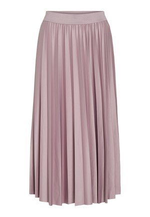 Jupe longue plissée en tissu rose pâle, dotée d'une taille élastique. Sa texture lisse et son design fluide mettent en valeur sa forme générale.